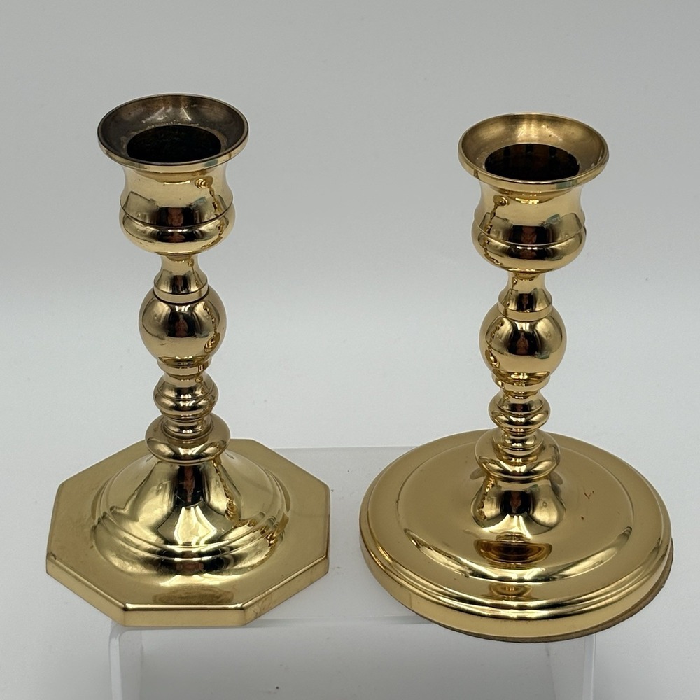 Baldwin Solid Brass Candlestick Holders Lot of 2 6" Round Octagon Bases 80s